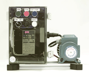 This is one of the training rigs used on the ac inverter drives training course: a real industrial drive connected to a real 3-phase motor so that candidates can explore the effects of changing parameters on the drive