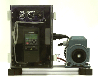 This is one of the training rigs used on the ac inverter drives training course: a real industrial drive connected to a real 3-phase motor so that candidates can explore the effects of changing parameters on the drive