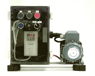 This is one of the training rigs used on the ac inverter drives training course: a real industrial drive connected to a real 3-phase motor so that candidates can explore the effects of changing parameters on the drive