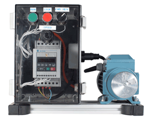 The Allen Bradley training rig used on the ac inverter training course: a real industrial drive connected to a real 3-phase motor so that candidates can explore the effects of changing parameters on the Allen Bradley drive
