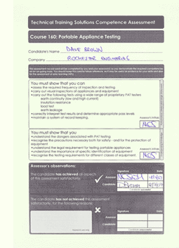 Assessment card used for the portable appliance testing course: Contact us for information about assessment cards used for other courses