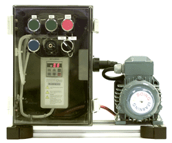The Mitsubishi training rig used on the ac inverter drives training course: a real industrial drive connected to a real 3-phase motor so that candidates can explore the effects of changing parameters on the Mitsubishi drive