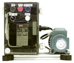 The Omron training rig used on the ac inverter drives training course: a real industrial drive connected to a real 3-phase motor so that candidates can explore the effects of changing parameters on the Omron drive