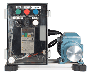 The Omron training rig used on the ac inverter training course: a real industrial drive connected to a real 3-phase motor so that candidates can explore the effects of changing parameters on the Omron drive