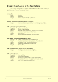 This is page 10 of the course notes for the Electricity at Work Regulations course, listing the broad subject area of the Regulations