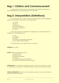 This is page 11 of the course notes for the Electricity at Work Regulations course, listing some of the definitions used in the Regulations, along with interpretations of what these terms mean