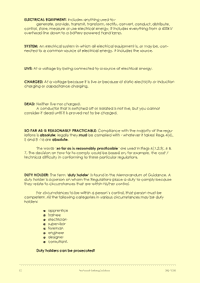 This is page 12 of the course notes for the Electricity at Work Regulations course, listing some of the definitions used in the Regulations, along with interpretations of what these terms mean