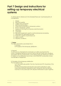 This is the page 15 of the course notes for the BS7909 course, describing the requirements for designing and setting-up temporary electrical systems