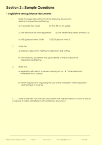 One of the pages from the course notes for the inspection and testing (C&G 2391) training course - this one giving example questions on the legal issues