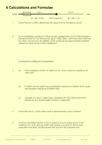 One of the pages from the course notes for the inspection and testing (C&G 2391) training course - this one giving example questions on calculations and formalae