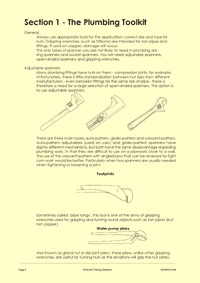 This is page 8 of the course notes for the maintenance of plumbing systems course, describing the plumbing tools used