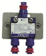 One of the AND elements which candidates interconnect in the practical exercises to form various useful systems on the pneumatics course