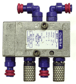 One of the single-piloted 5/2 way valves which candidates interconnect in the practical exercises to form various useful systems on the pneumatics course