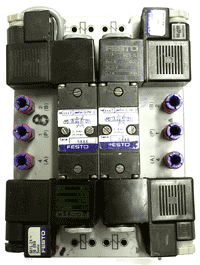 One of the solenoid-operated 5/2 way valves which candidates interconnect in the practical exercises to form various useful systems on the pneumatics course