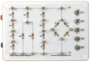 One of the first exercises on the electronics fault finding course: We explore the voltages that appear in resistor networks and we can then switch faults in and get the candidates to locate the fault using a multimeter.