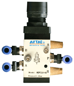 One of the 3/2 piloted valves which candidates interconnect in the practical exercises to form various useful systems on the Pneumatic training course