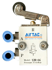 One of the 3/2 roller valves which candidates interconnect in the practical exercises to form various useful systems on the Pneumatic training course