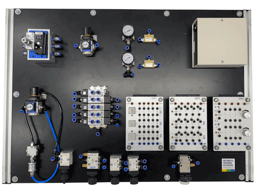 This is one of the modular assembly boards which candidates use to interconnect pneumatic components in the practical exercises to form various useful systems on the Pneumatic training course