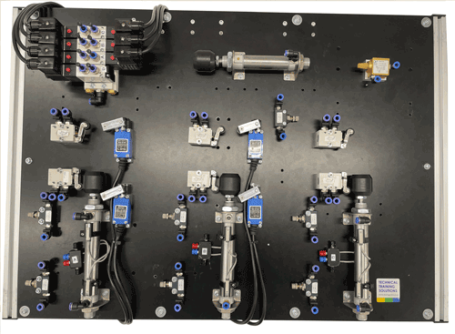 This is one of the modular assembly boards which candidates use to interconnect pneumatic components in the practical exercises to form various useful systems on the Pneumatic training course